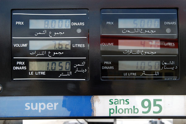 Super and Unleaded 95 for 1.05 Tunisian dinars per liter (€0.62), US$2.99 per gallon