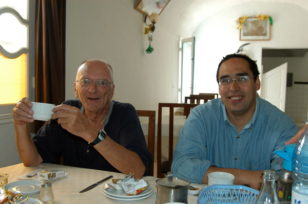 Dad and Slim at breakfast, Hotel Zaafrane