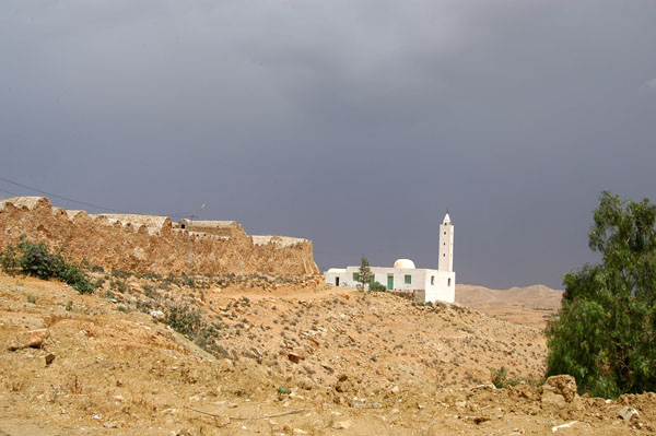Mosque, ksar and dark sky near Jelidat, SE of Tataouine