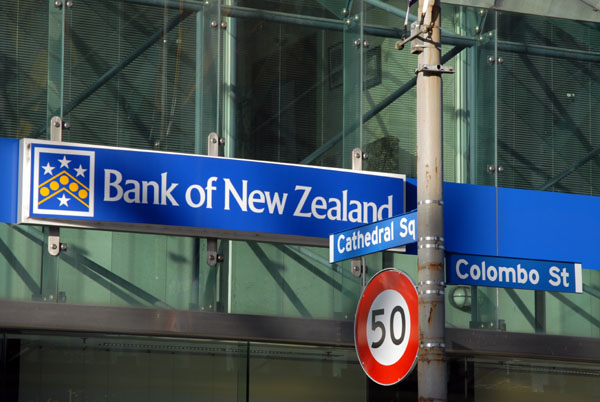 The Bank of New Zealand, Cathedral Square at Colombo St