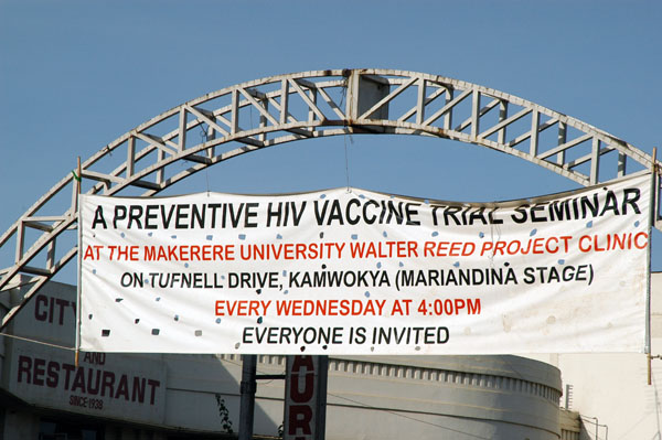 Banner across Kampala Ave for a preventative HIV vaccine trial seminar