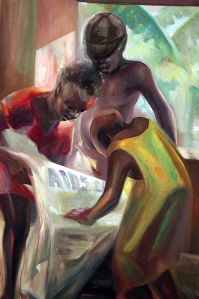 Ugandan painting - Children reading about AIDS