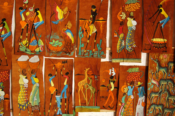 The art is painted on bark cloth produced in Uganda