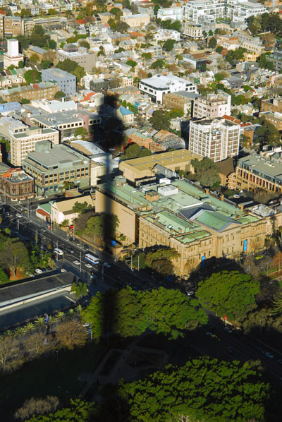 Shadow of Sydney Tower across Hyde Park & Australian Museum