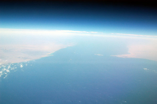 Over the Gulf of Aden looking to the mouth of the Red Sea with Eritrea on the left and Yemen on the right