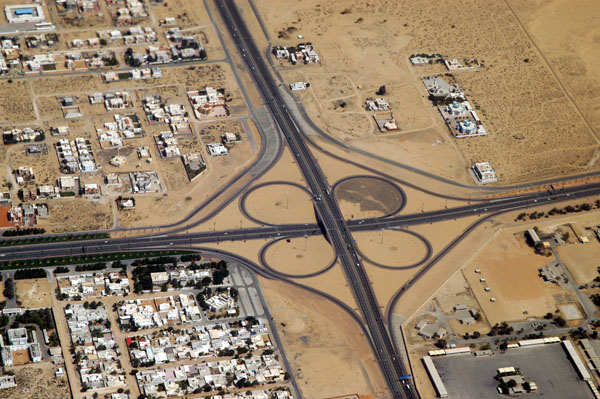 New cloverleaf interchange on Emirates Road (E311) at Al Dhaid Road which now allows rapid bypass of central Sharjah