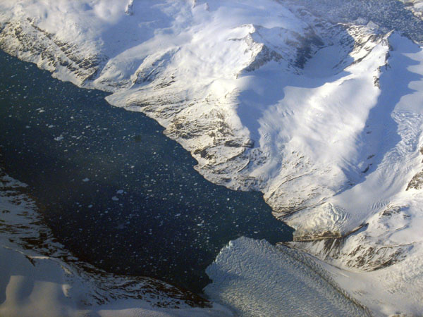 Glacier flowing into a fjord, southwest Greenland