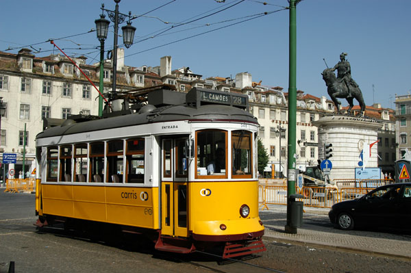 Iconic Lisbon tram passing Praça da Figueira