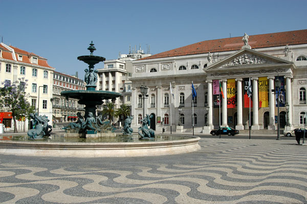 Dona Maria II National Theatre with a baroque fountain on the Rossio