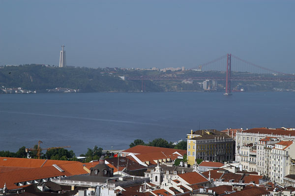 Rio Tejo with its large suspension bridge and colossal statue of Christ
