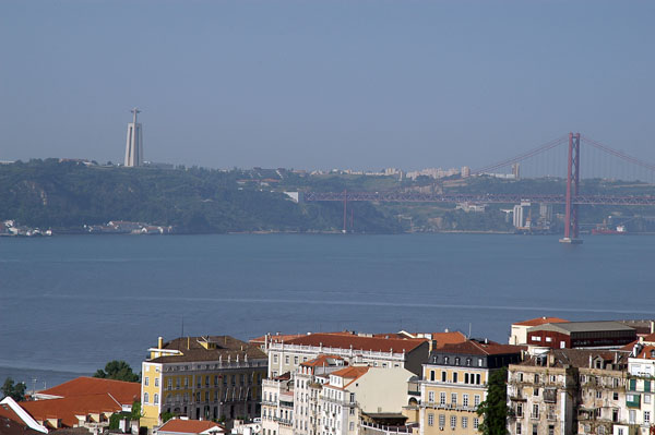 Suspension bridge over the Rio Tejo and colossal statue of Christ, Lisbon