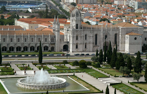 View of Praça do Império and Mosteiro dos Jerónimos from the Monument to the Discoveries, Belém