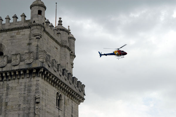 Film crew helicopter overflying the Torre de Belm