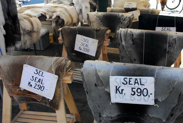 Seal pelts for sale...it seems Norway's supposed environmental friendliess doesn't extent to wildlife