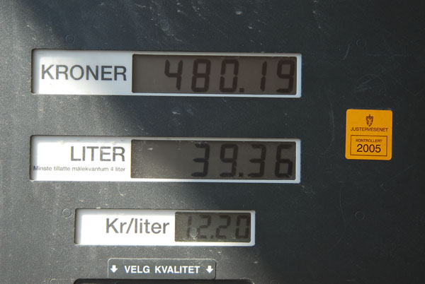 12.20 nkr/liter = 1.47 /liter = $7/US gallon