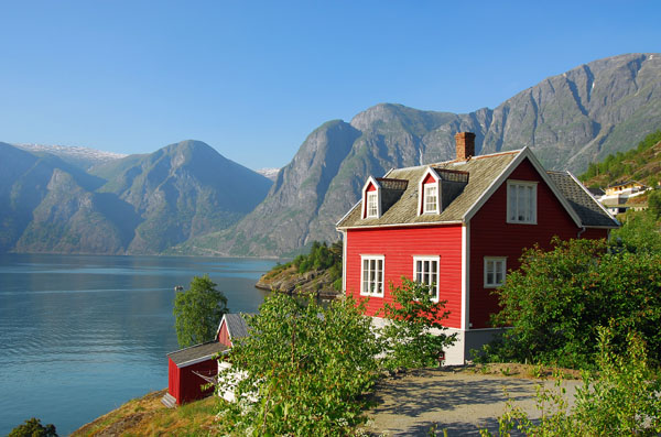 Red house overlooking Aurlandfjorden