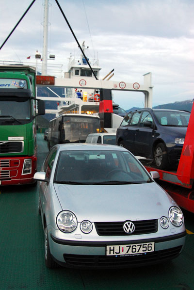 My rental car on the Fodnes ferry heading for Sogndal