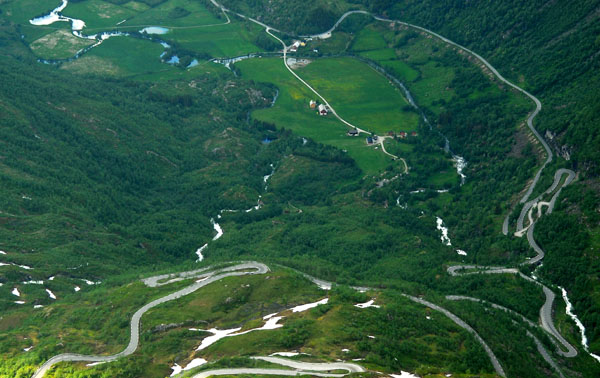 Serpentine descent of Route 63 to Geirangerfjord seen from the summit of Dalsnibba