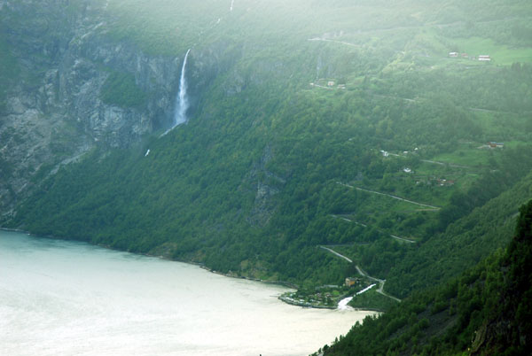 Switchbacks of  rneveien (Eagle's Road) with a waterfall, Geirangerfjord
