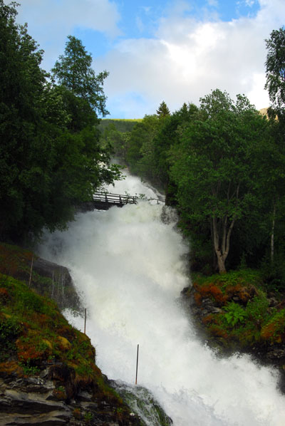 Waterfall tumbling into the center of Geiranger