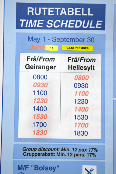 Ferry schedule Geiranger-Hellesylt