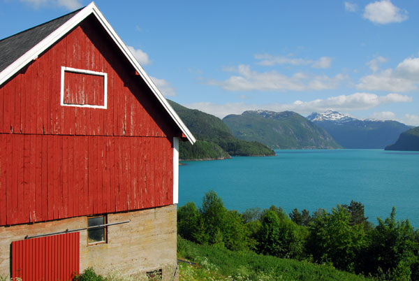 Red barn overlooking Storfjorden