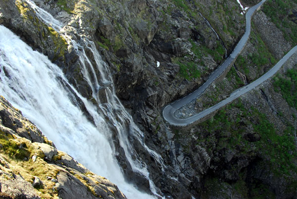 Hairpin curve and waterfall, Trollstigveien