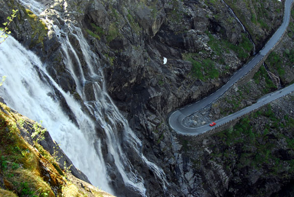 Hairpin curve and waterfall, Trollstigveien