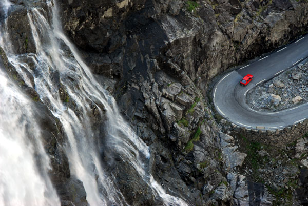 Hairpin curve and waterfall, Trollstigveien