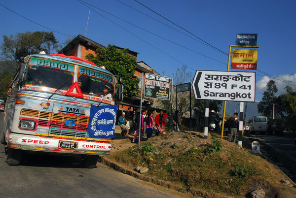 Bus at the turnoff for Sarangkot