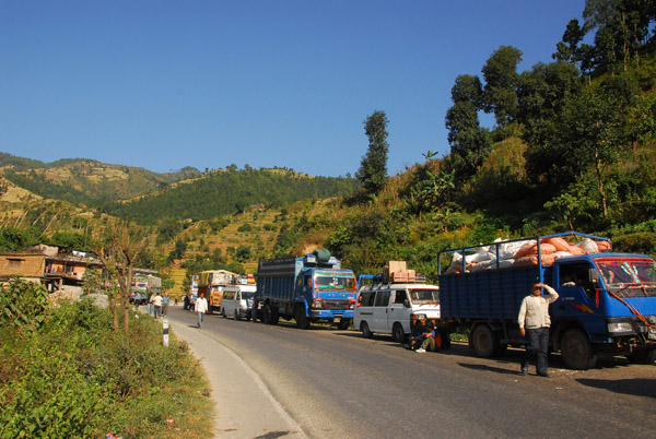 About 90 minutes west of Kathmandu, we came to a dead stop at a huge traffic jam