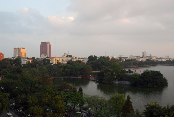 View of Hoan Kiem Lake and the island of Ngoc Son Temple from City View Cafe, Hanoi