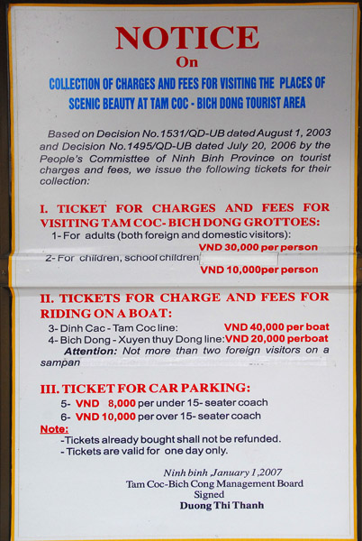 Pricing for visits to Tam Coc (30,000 per person plus 40,000 per boat)