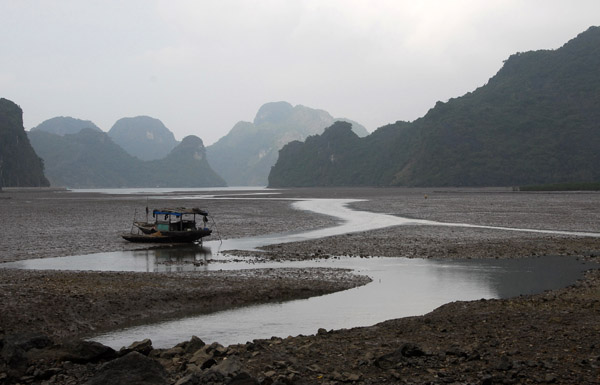 Grounded fishing boat at low tide, north Cat Ba Island