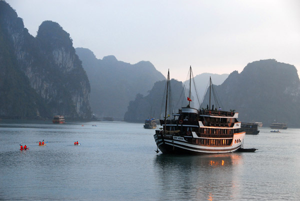 Bhaya luxury junk at dusk, Halong Bay