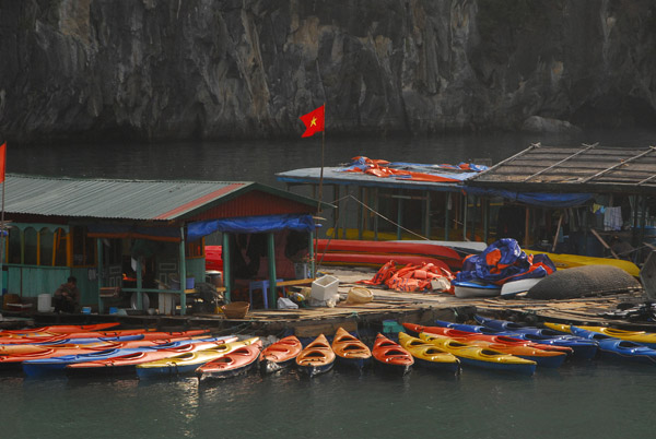 Rental kayaks at a floating village near Hang Sung Sot, Halong Bay