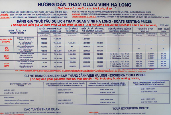 Official prices of boats and tours of Halong Bay, Bai Chay tourist port