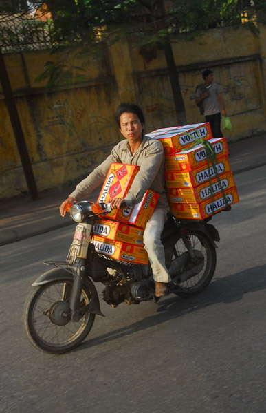 Scooter loaded up with 13 cases of Halida Beer, Hanoi