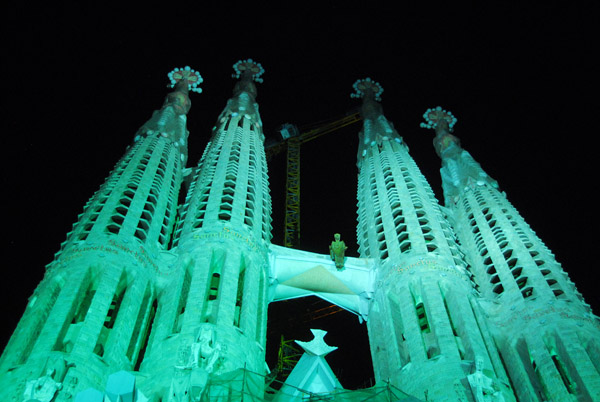 Colored lights illuminating the western towers, Sagrada Familia