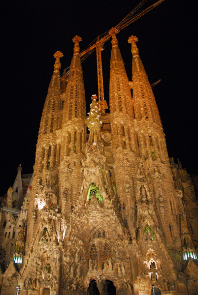East side of Sagrada Familia illuminated at night