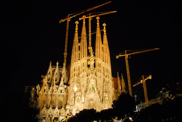 East side of Sagrada Famlia illuminated at night, Barcelona