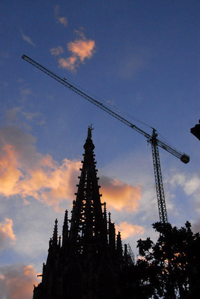 Main spire of Barcelona Cathedral at dusk