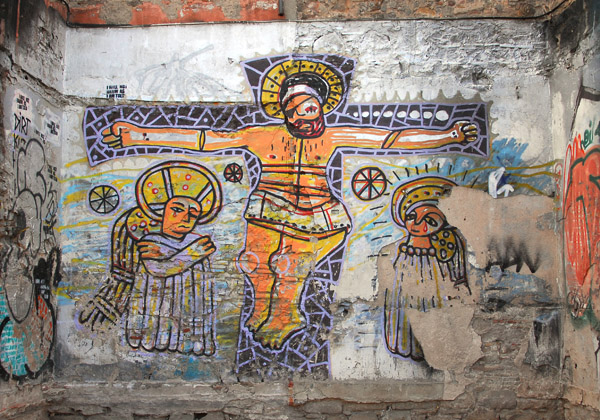 Graffiti art of the crucifixion, Plaça de la Gardunya, behind Mercat de la Boqueria (Las Ramblas Market)