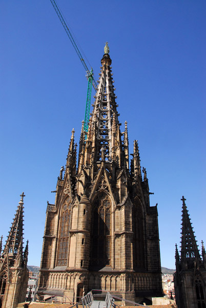 Main spire of Barcelona Cathedral from the roof