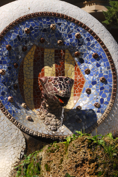 Another tile mosaic (trencads) figure said to be a serpent's head, Gell Park