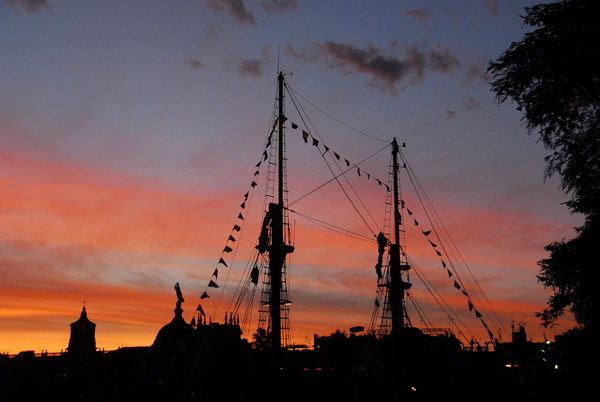 Masts of a tall ship at sunset, Barcelona waterfront