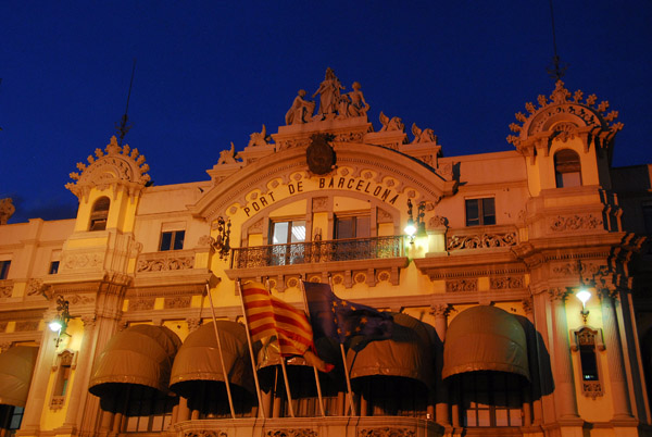 Old Barcelona Port Authority building, Port de Barcelona, at the base of Rambla del Mar, illuminated at night