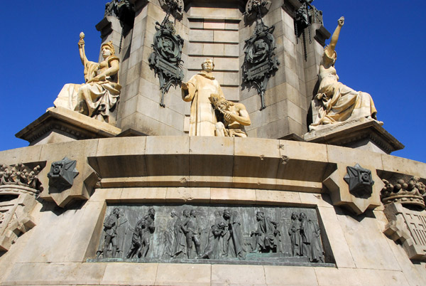 Columbus for the King and Queen in Barcelona after his return, bronze relief by Pere Carbonell, allegory of Castille on left
