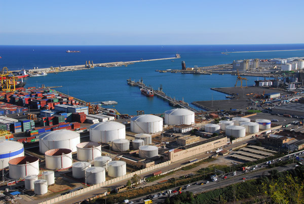Petrochemical facilities at the Port of Barcelona seen from Montjuc