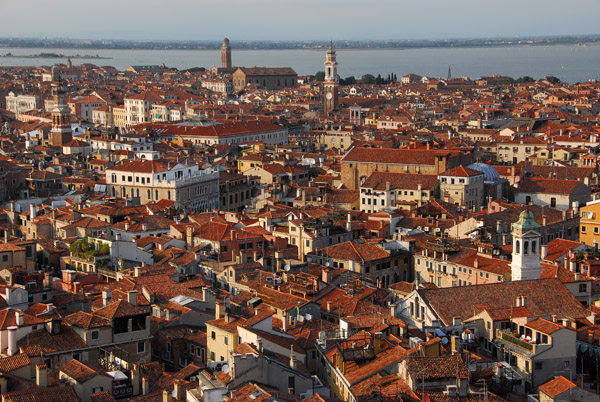 The red rooftops of Venice seen looking NW towards Cannaregio with the prominent towers of Madonna dell'Orte & Santi Apostoli